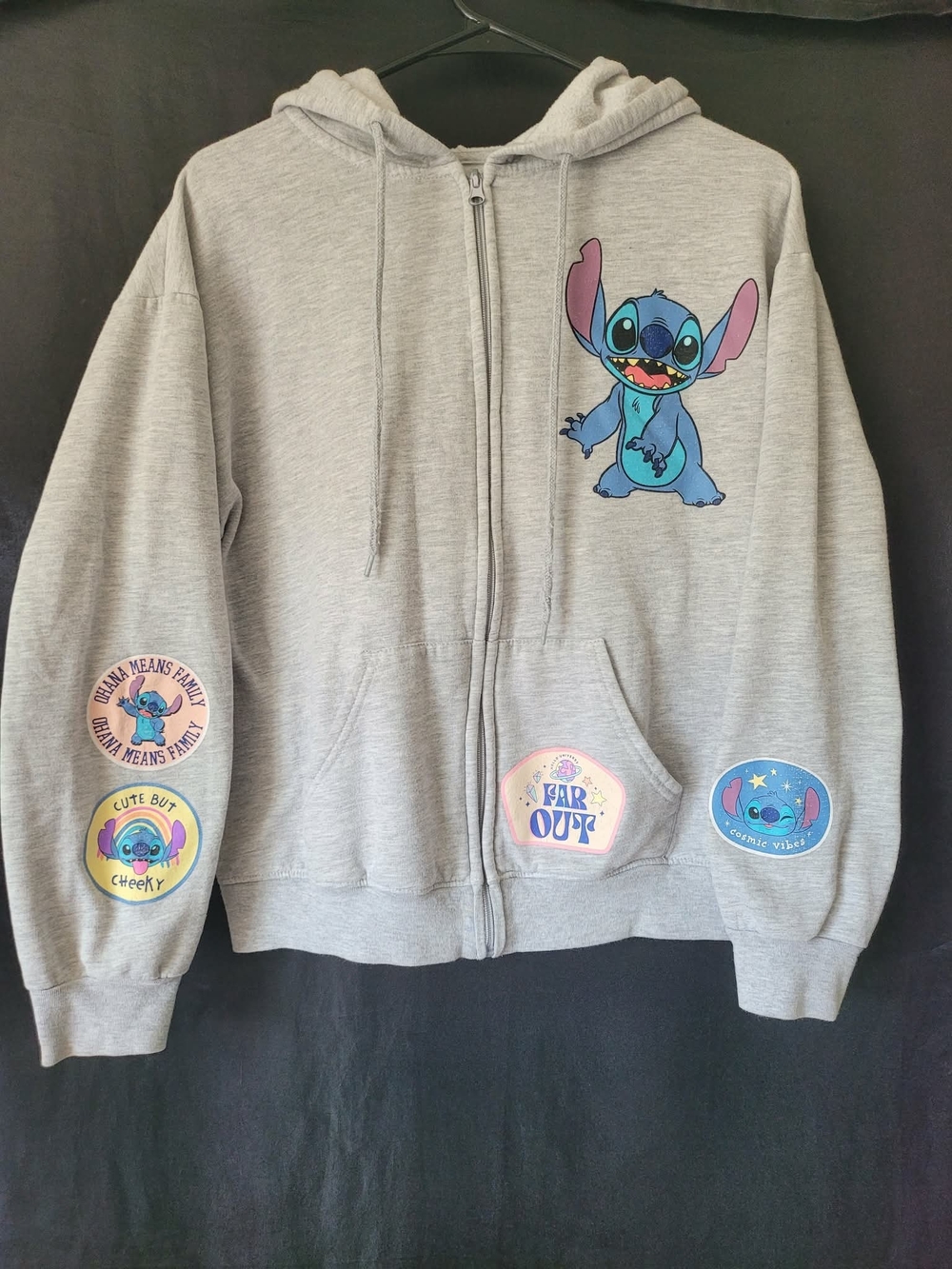 Disney Kids Medium Zip-Up Hoodie with Stitch and Space Patches - Gray